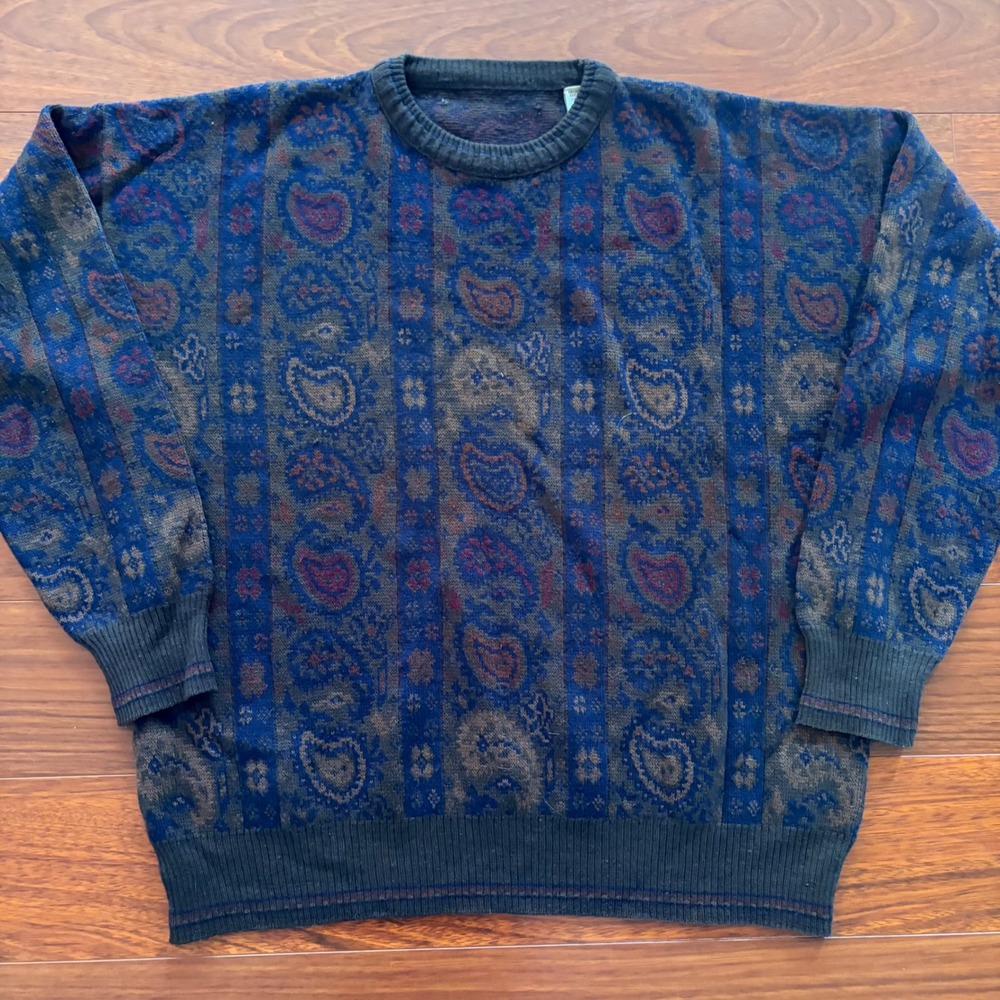 Vintage Made in Italy Mens XL Paisley Wool Blend Sweater Crewneck Blue Brown Y2K - Picture 2 of 7